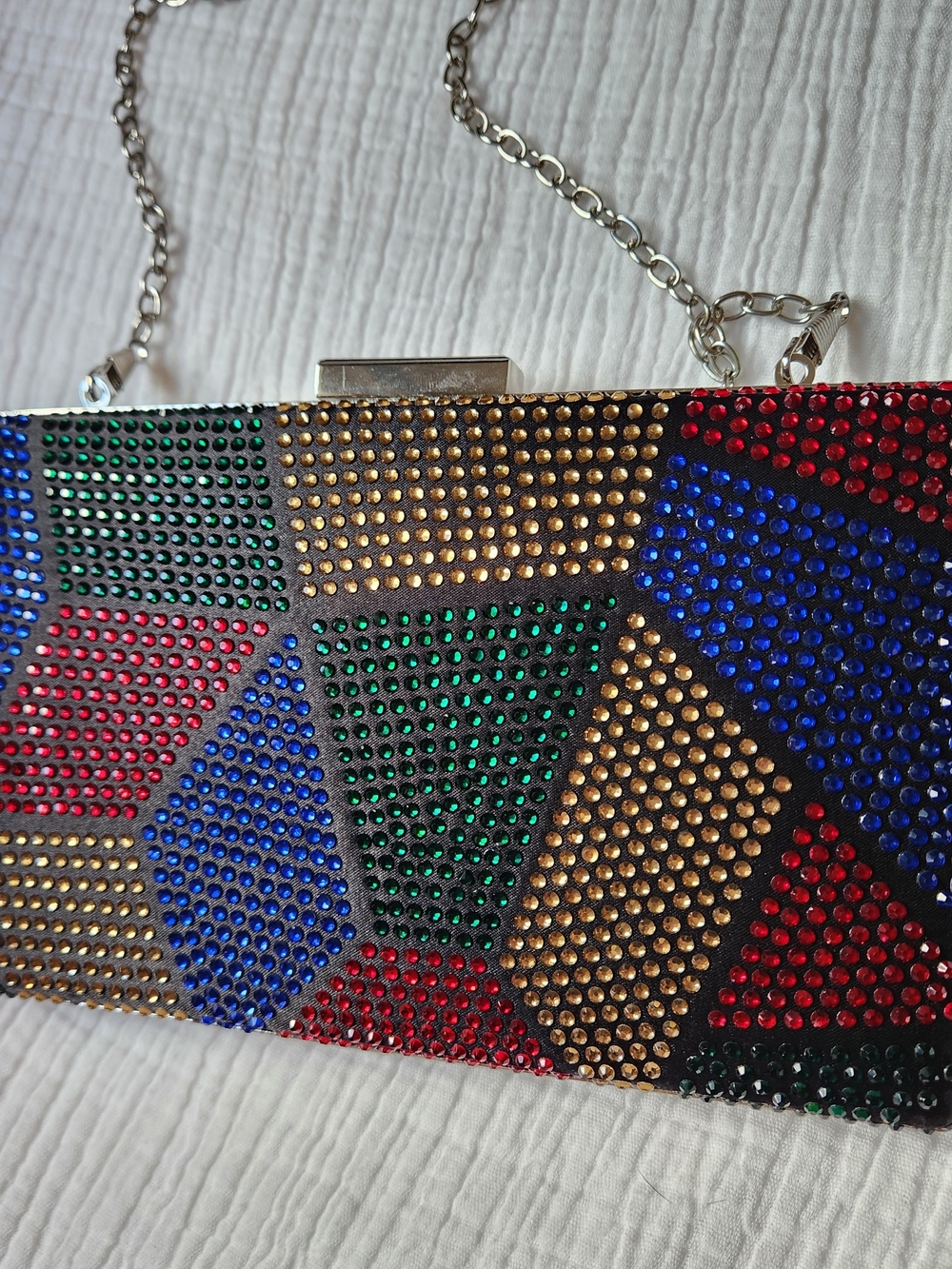 Multicolor Rhinestone Box Clutch, Geo Pattern